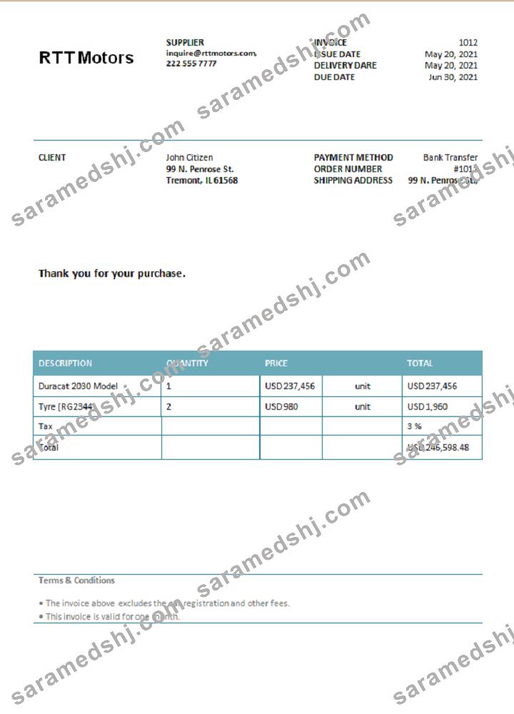 USA RTT Motors invoice